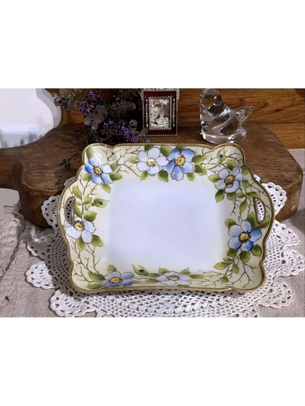 Antique Nippon Hand Painted Porcelain Vanity Tray Gold Blue White Floral Japan